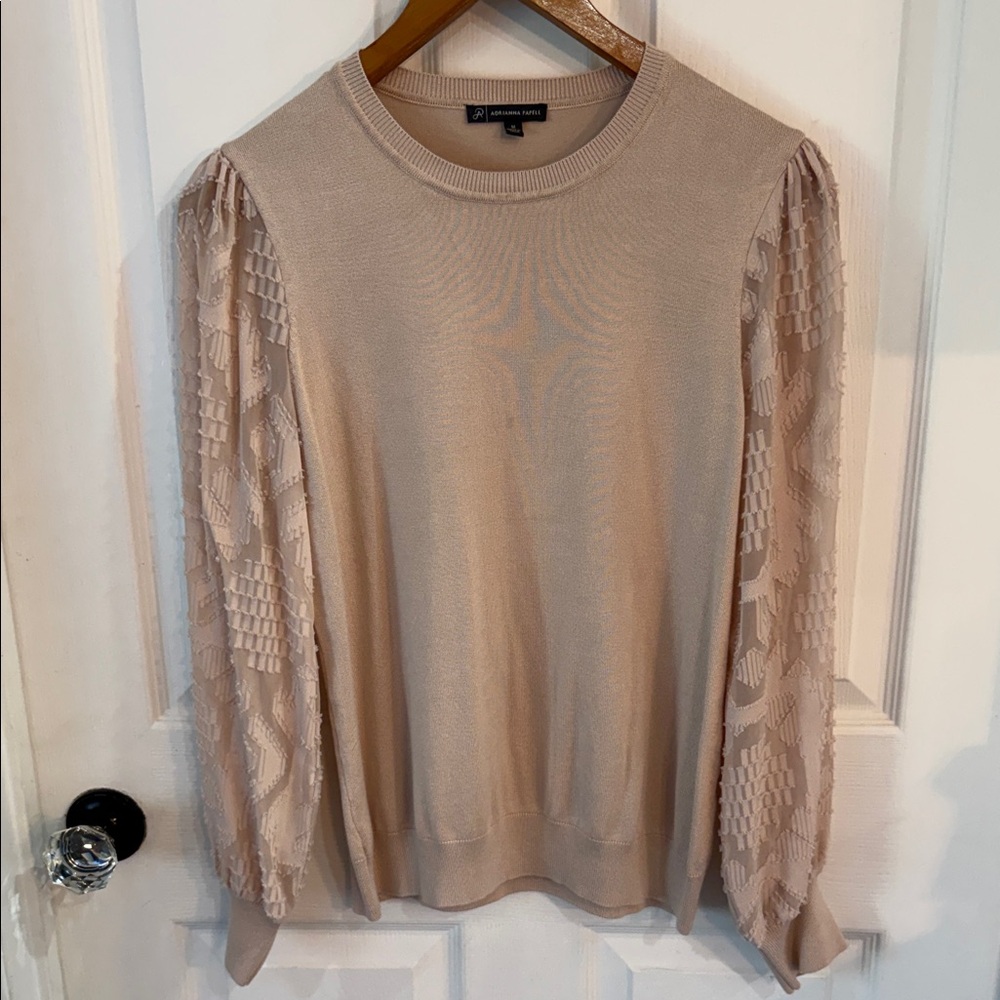 Adrianna Papell Beige Puff-Sleeve Knit Blouse